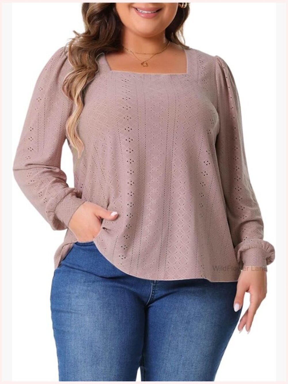 Plus Size Square Neck Eyelet Blouse Long Sleeve Dressy Casual Top
